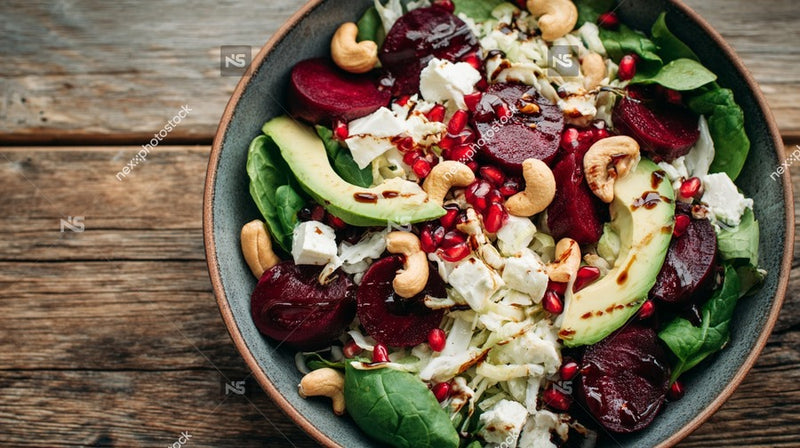 A Bowl Of Salad With Beetroot Pomegranate Seeds And Crumbled Feta Cheese On A Wooden Table — Stock Photo
