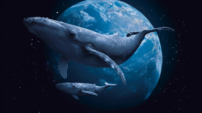 humpback whales swimming through space - Stock Video