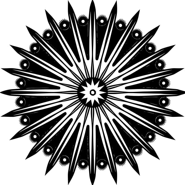 Black And White Intricate Pattern Design A Symmetrical Circular Motif With Radiating Lines Geometric Shapes And A Central Sunburst Like Design — Stock Vector