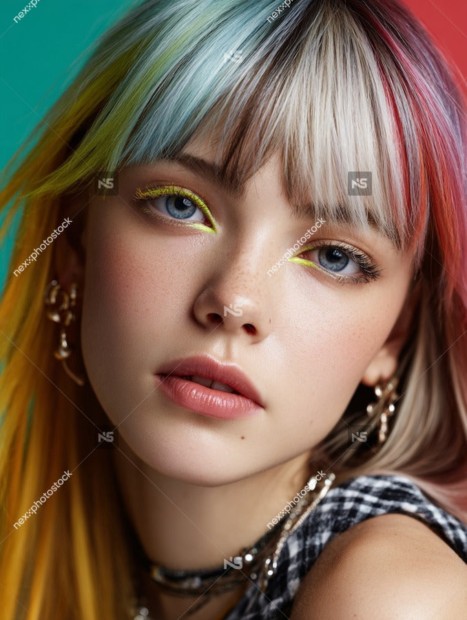 Colorful Hair And Makeup Portrait Of A Young Woman With Blue Eyes And A Neutral Expression — Stock Photo