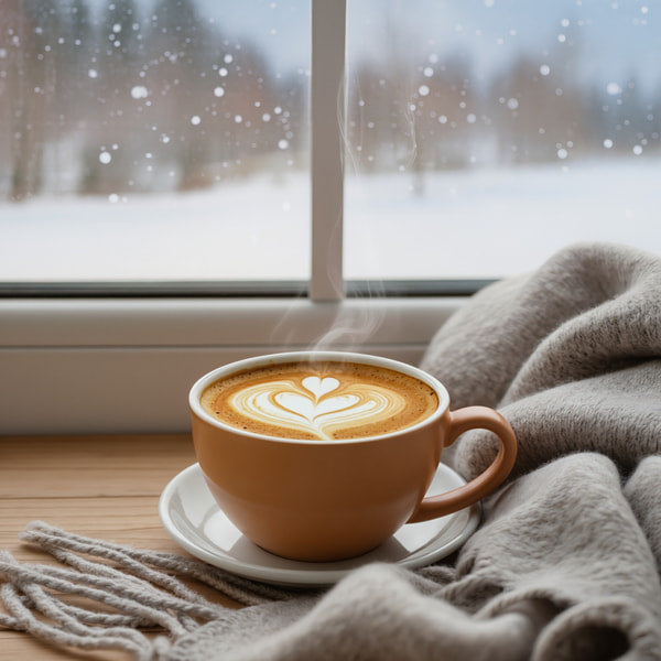 A Cozy Winter Scene With A Cup Of Coffee And A Blanket On A Table By A Window — Stock Photo