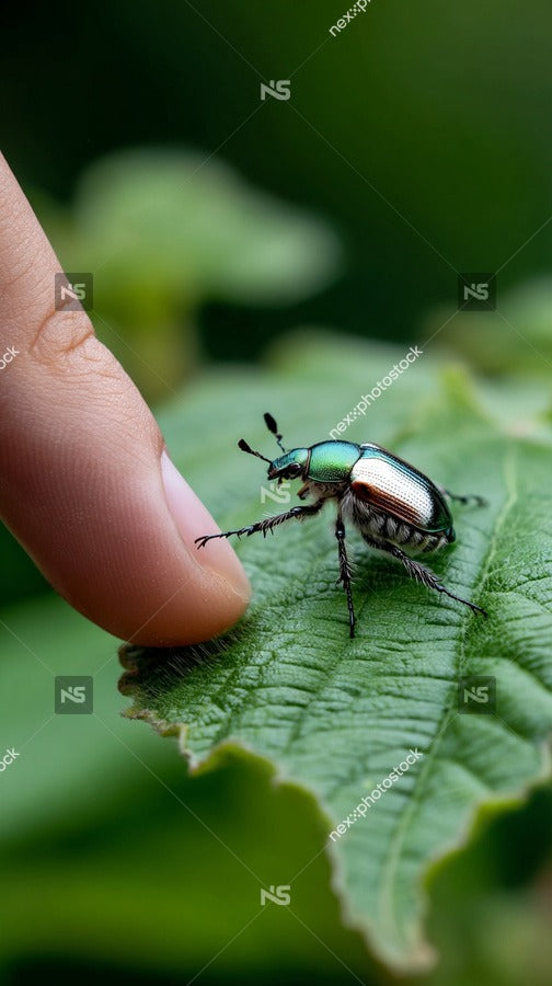 A Close Up Image Captures A Human Hand Gently Touching A Beetle Perched On A Green Leaf — Stock Photo