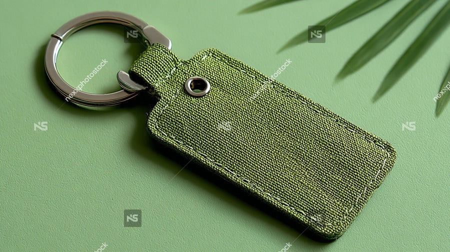 Keychain With Tag On A Green Surface — Stock Photo