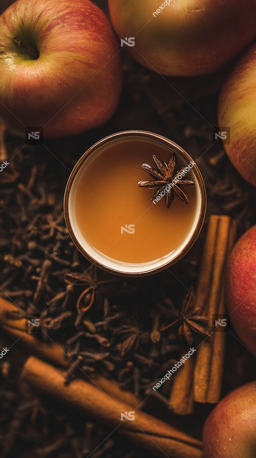A Cup Of Spiced Tea Surrounded By Apples And Cinnamon Sticks On A Dark Surface — Stock Photo
