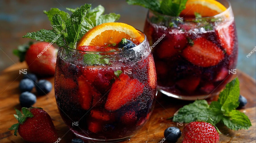Two Glasses Of Strawberry Mojito Drinks Garnished With Fresh Fruit On A Wooden Surface — Stock Photo