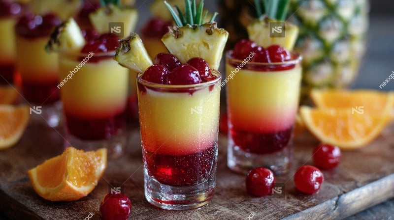 A Collection Of Colorful Fruit Punch Drinks Garnished With Slices Of Pineapple And Cherries Arranged In Clear Glasses On A Table — Stock Photo