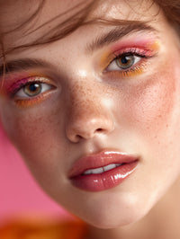 A Close Up Portrait Of A Woman With Vibrant Colorful Makeup Including Eyeshadow And Lipstick — Stock Photo
