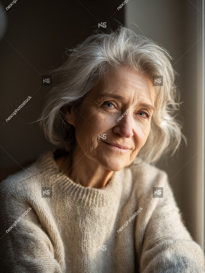 Older Woman With Gray Hair Wearing A White Sweater Looking Out Of A Window — Stock Photo