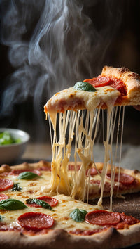 a slice of cheese pizza with melted mozzarella topped with pepperoni and basil leaves on a wooden table - Stock Video