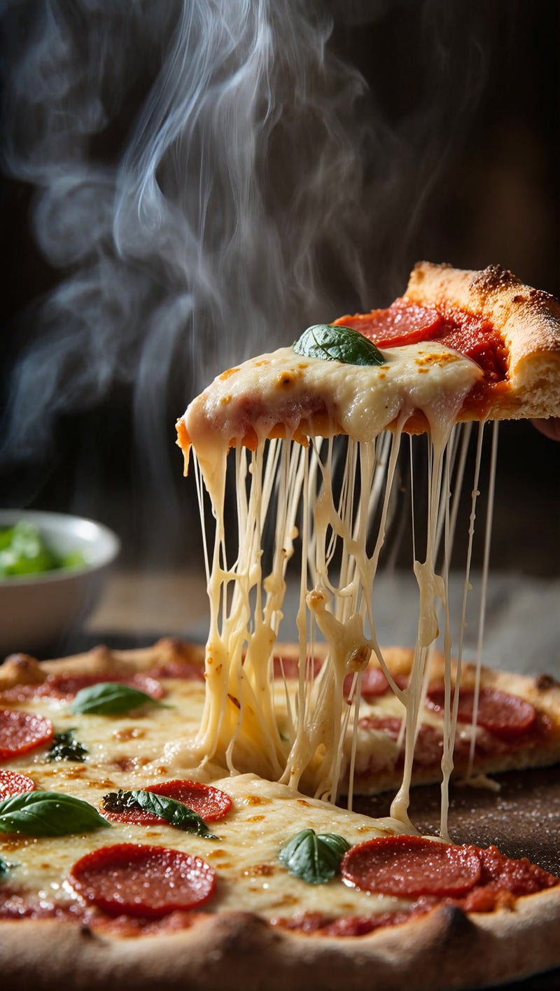 a slice of cheese pizza with melted mozzarella topped with pepperoni and basil leaves on a wooden table - Stock Video