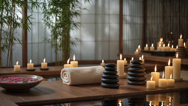 a tranquil spa setting a collection of lit candles rolled towels and a serene ambiance - Stock Video