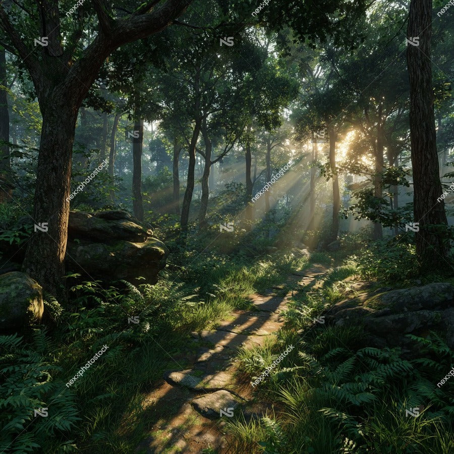 A Serene Forest Path At Sunrise Bathed In Soft Sunlight Filtering Through The Canopy Of Trees — Stock Photo