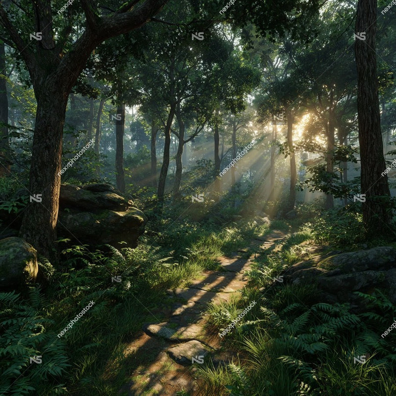 A Serene Forest Path At Sunrise Bathed In Soft Sunlight Filtering Through The Canopy Of Trees — Stock Photo