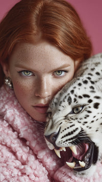 Woman With Red Hair Holding A Tiger — Stock Photo