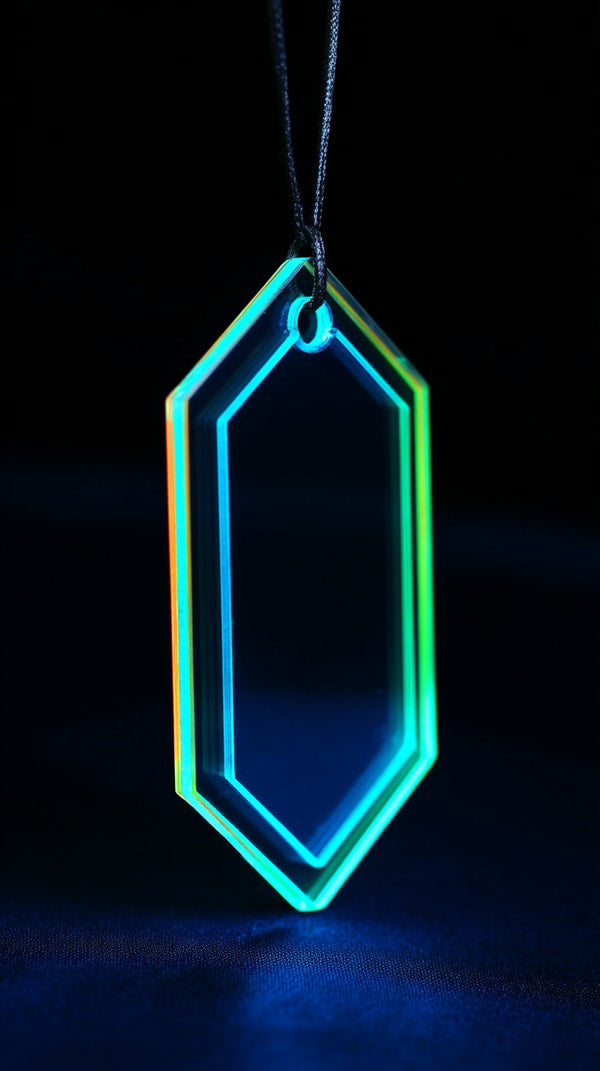 Neon Crystal Keychain With A Hexagonal Shape And A Chain Set Against A Blue Background — Stock Photo