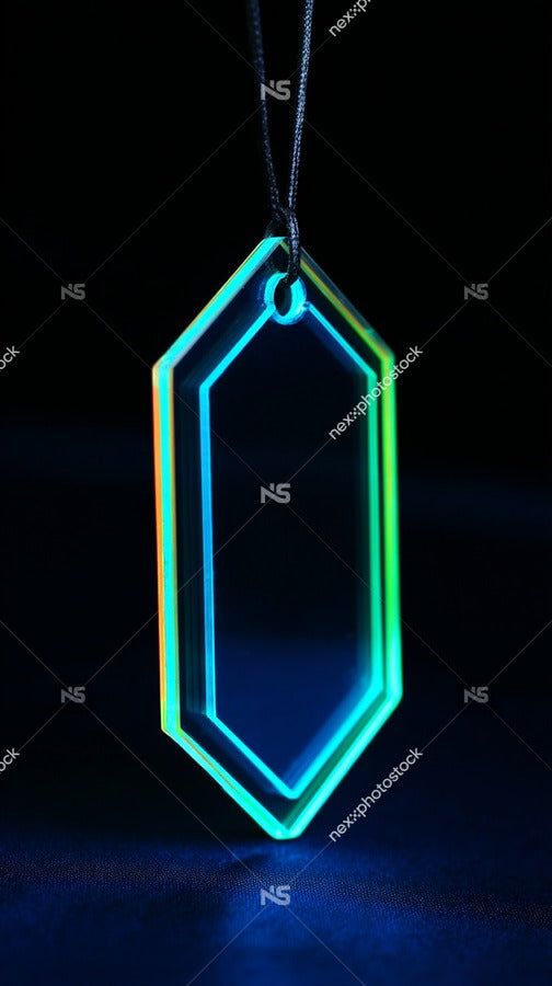Neon Crystal Keychain With A Hexagonal Shape And A Chain Set Against A Blue Background — Stock Photo
