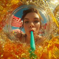 A Woman Blowing Bubbles Through A Straw Into A Glass Of Water Which Is Filled To The Brim And Overflowing With Bubbles — Stock Photo