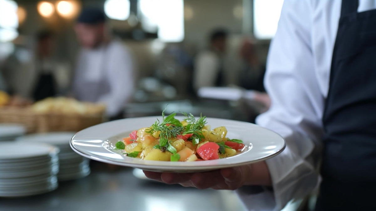 a photograph showcasing a chef holding a plate of food in a kitchen setting - Stock Video