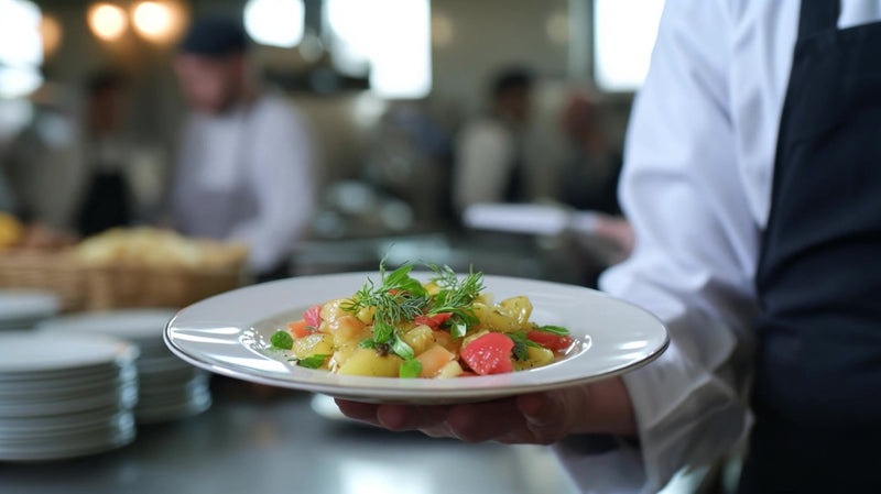 a photograph showcasing a chef holding a plate of food in a kitchen setting - Stock Video