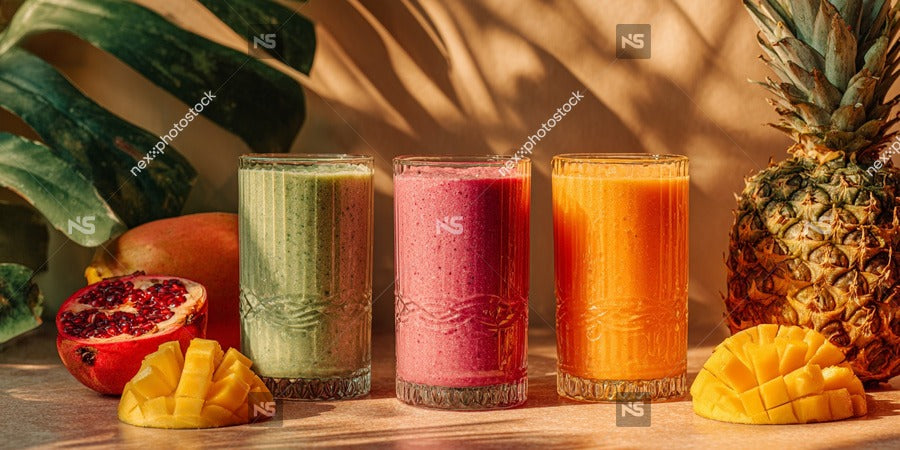 Three Colorful Smoothie Drinks On A Table With Pineapple Slices And Pomegranate In The Background — Stock Photo