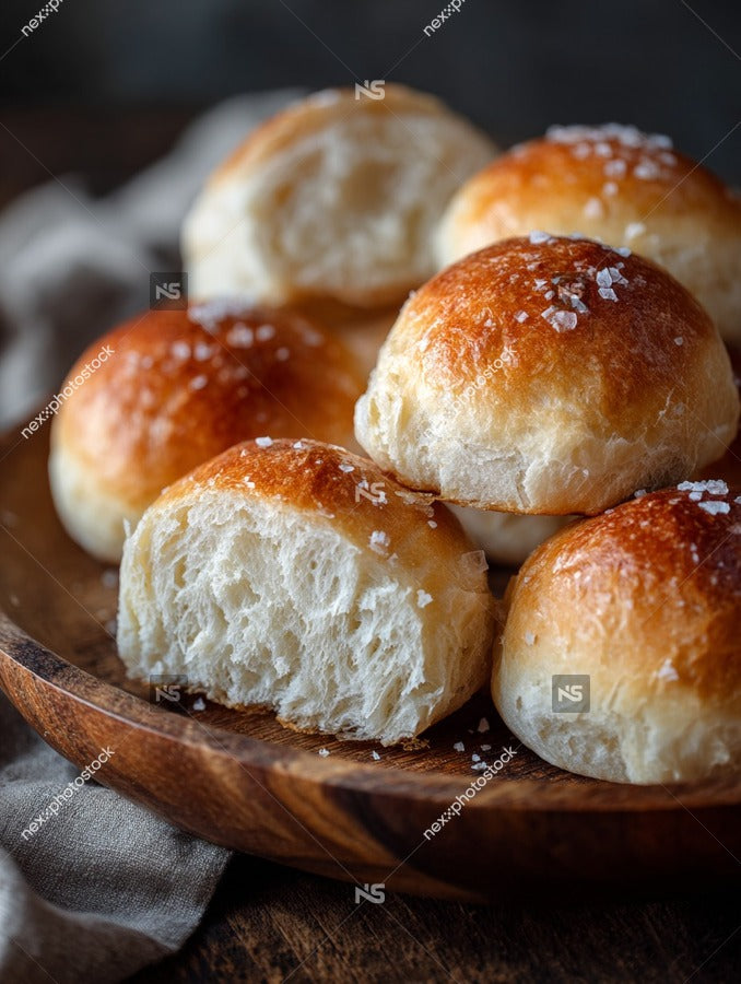 Golden Bread Rolls In A Wooden Tray With A Focus On Their Fluffy Texture And Golden Brown Crust — Stock Photo
