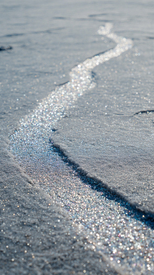 Frozen Water Surface With Sparkling Ice Crystals And A Wavy Line Of Melted Ice — Stock Photo
