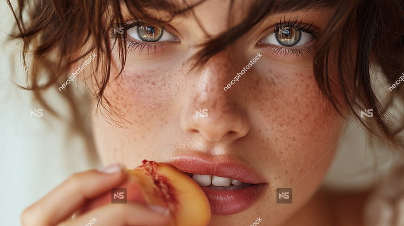 A Woman In A Close Up Portrait Holding A Piece Of Fruit To Her Mouth — Stock Photo