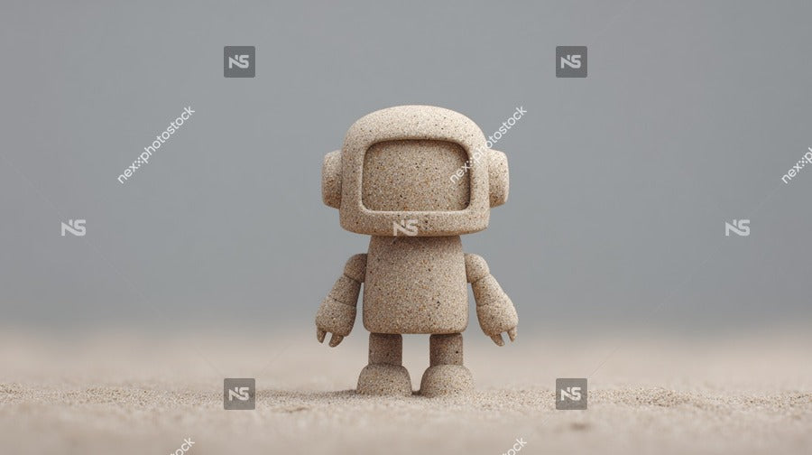 A Robot Toy Stands Alone On A Sandy Surface Set Against A Gray Background — Stock Photo