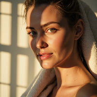 A Woman Stands Outdoors Bathed In Sunlight With A Towel Wrapped Around Her Head — Stock Photo