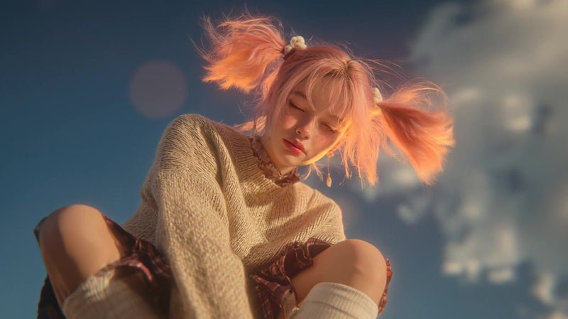 a portrait style photograph a person with pink hair and makeup wearing a white sweater and a skirt with a floral pattern - Stock Video