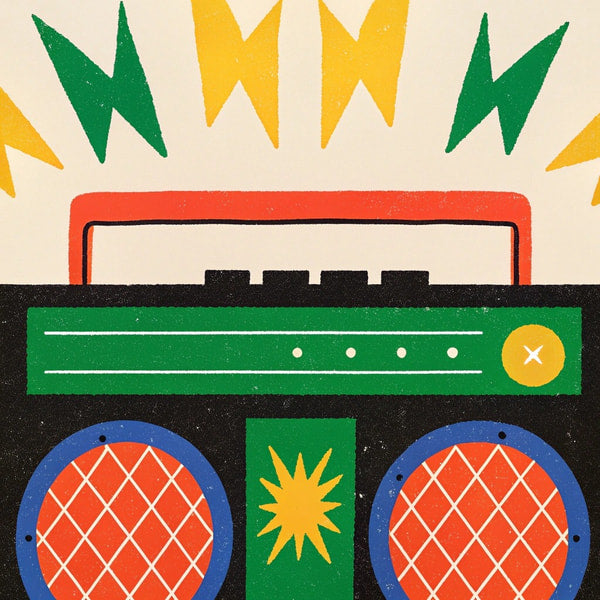 A Vintage Boombox With Speakers A Colorful Design And A Prominent Red Speaker Grille — Stock Illustration