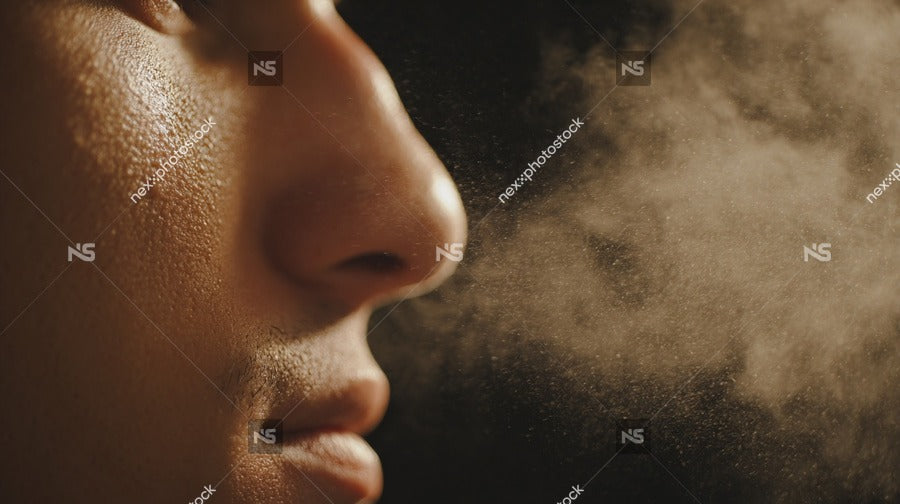 A Close Up Of A Man S Nose With Powder Dust Particles Floating In Front Of It — Stock Photo