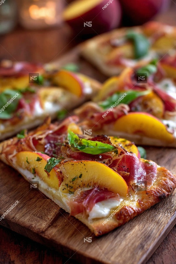 Three Slices Of Pizza Topped With Fruit Garnished With Herbs And Cheese On A Wooden Cutting Board — Stock Photo