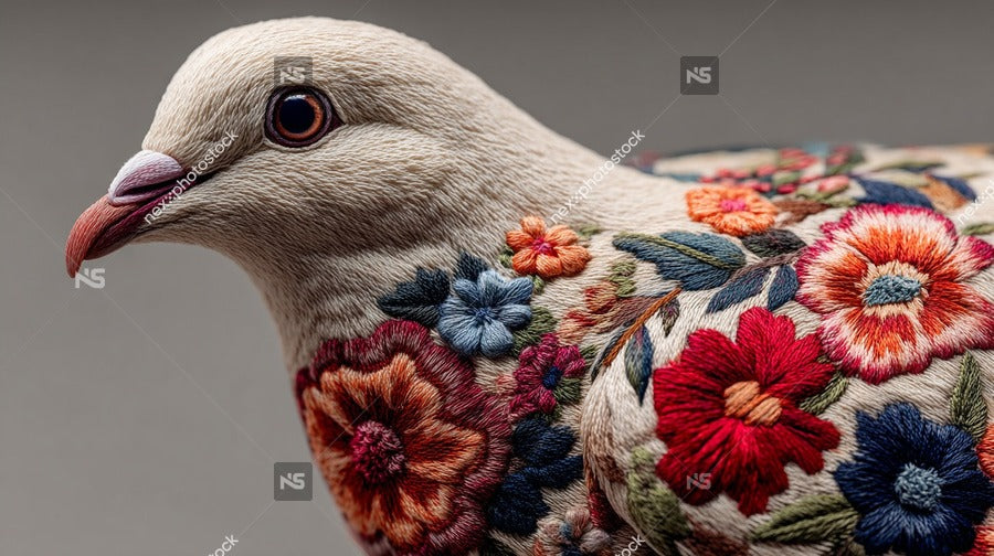 A Pigeon Adorned With A Vibrant Floral Pattern Showcasing Its Intricate Design Against A Neutral Background — Stock Photo