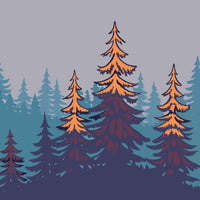 A Digital Illustration Of A Serene Forest Scene Tall Pine Trees With Orange Foliage Against A Gradient Blue Sky Background — Stock Vector