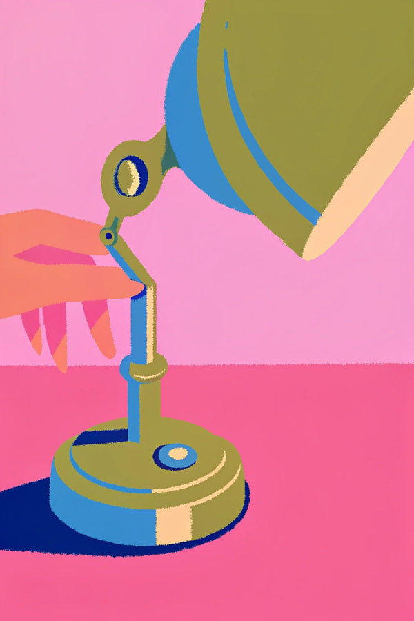 A Close Up Illustration Of A Person S Hand Holding A Magnifying Glass Over A Desk Lamp — Stock Illustration