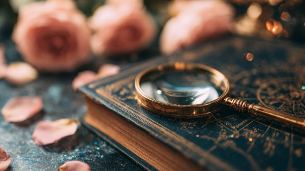A Close Up Of A Magnifying Glass Resting On An Open Book Surrounded By Pink Rose Petals And A Blue Background — Stock Photo
