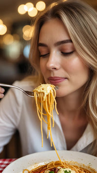 a woman in a close up shot holding a forkful of spaghetti and looking directly at the camera with a slight smile - Stock Video