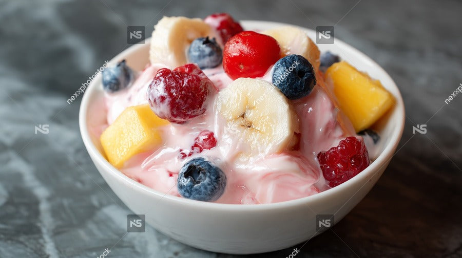 A Bowl Of Fruit Yogurt Parfait With Blueberries Bananas And A Drizzle Of Honey — Stock Photo