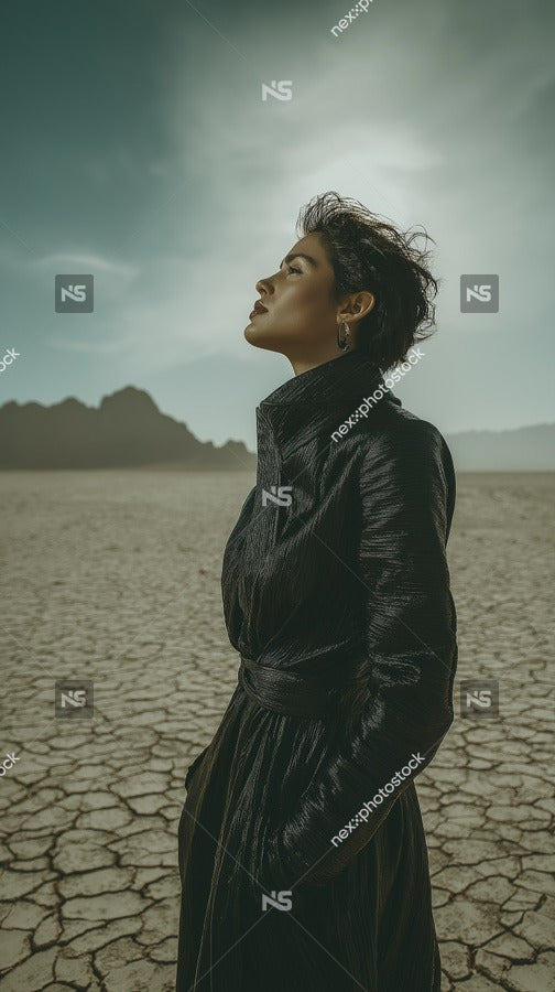 A Woman Stands Alone In A Barren Desert Landscape Exuding An Air Of Solitude And Contemplation — Stock Photo