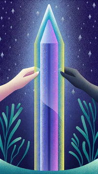 Illustration Of Two Hands Reaching Towards A Tall Purple Crystal Tower Under A Night Sky Background — Stock Illustration