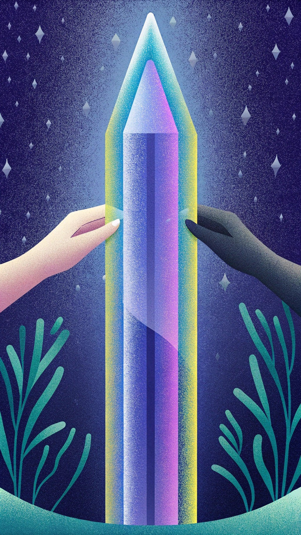 Illustration Of Two Hands Reaching Towards A Tall Purple Crystal Tower Under A Night Sky Background — Stock Illustration