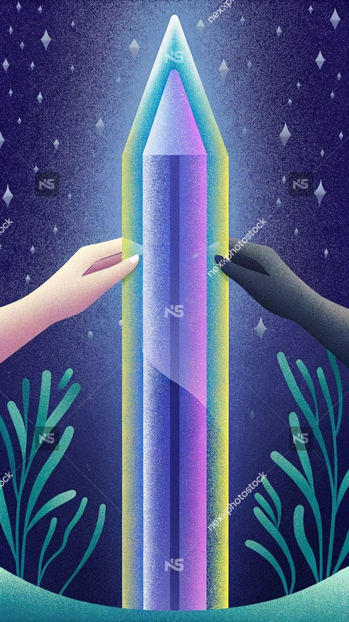Illustration Of Two Hands Reaching Towards A Tall Purple Crystal Tower Under A Night Sky Background — Stock Illustration