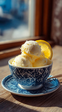 A Cup Of Ice Cream With A Lemon Wedge On Top Placed On A Table — Stock Photo