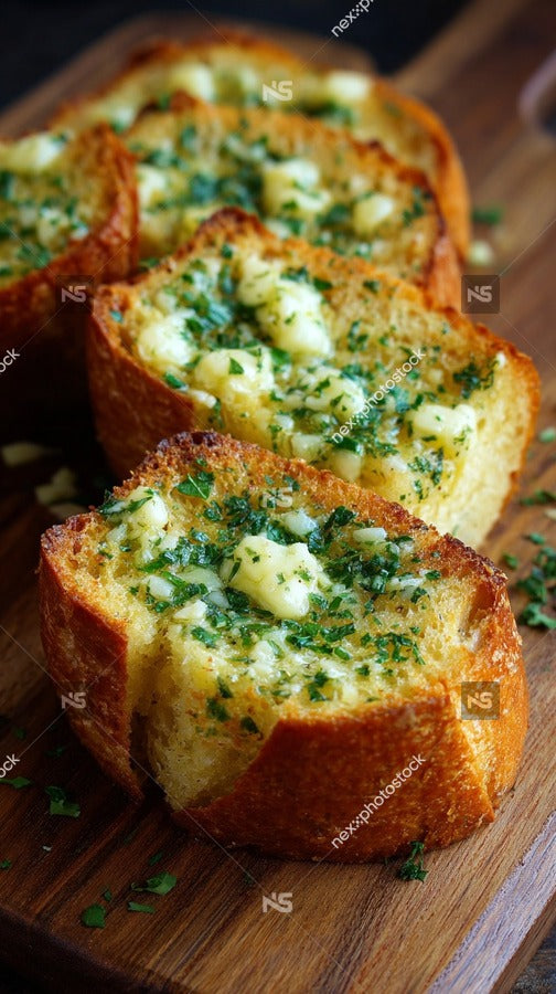Three Slices Of Bread Topped With Cheese And Herbs On A Wooden Cutting Board — Stock Photo