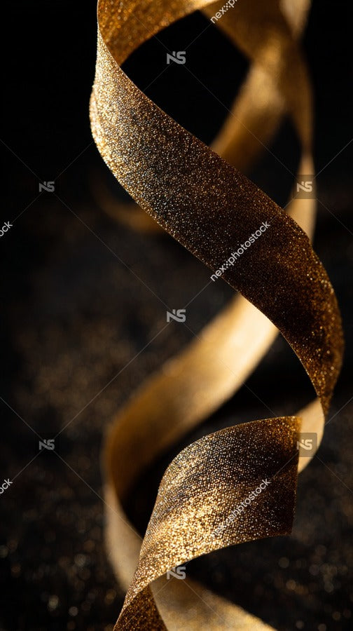 A Close Up Image Of A Gold Ribbon With A Curled Texture Set Against A Dark Background — Stock Photo