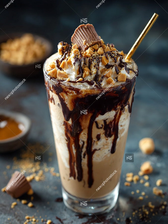 A Chocolate Milkshake Topped With Whipped Cream And A Crunchy Topping Served In A Glass On A Table — Stock Photo