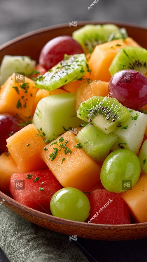 A Bowl Of Fresh Fruit Salad Including Grapes Kiwi Pineapple And Cantaloupe Garnished With Mint Leaves And A Sprinkle Of Sea Salt — Stock Photo
