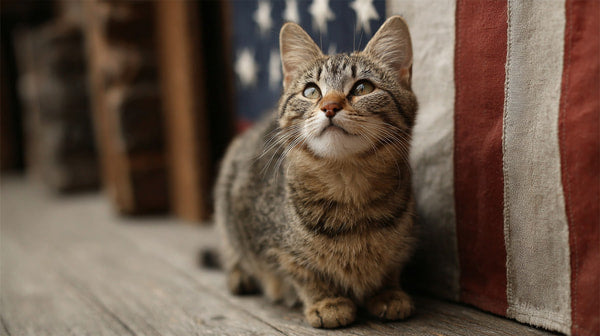 A Cat Standing In Front Of An American Flag — Stock Photo