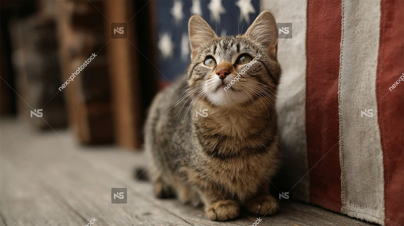 A Cat Standing In Front Of An American Flag — Stock Photo
